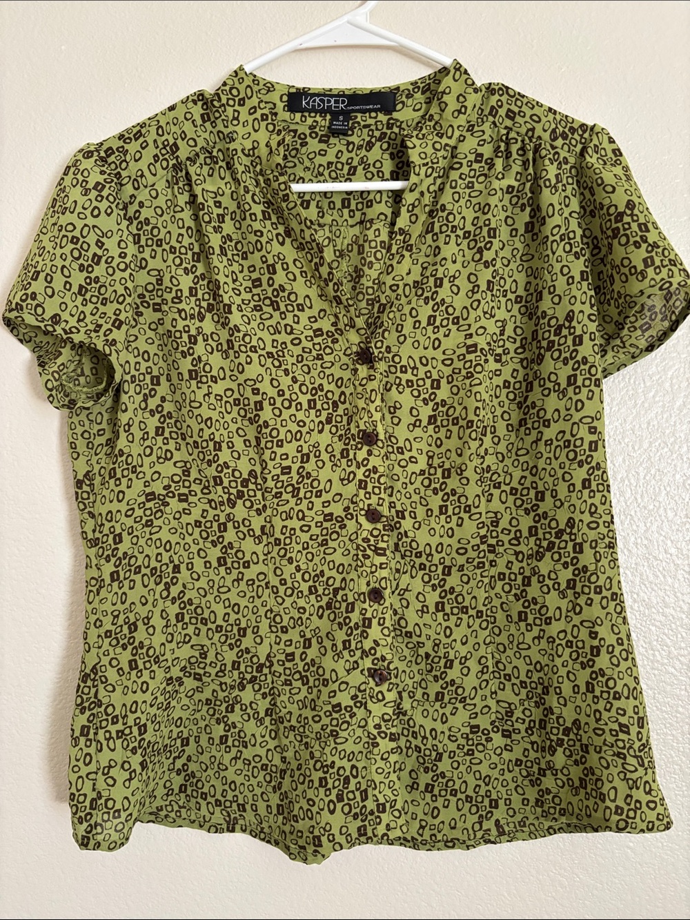 Kasper Green and Brown All over Print Short Sleeve Button Up Blouse Size Small